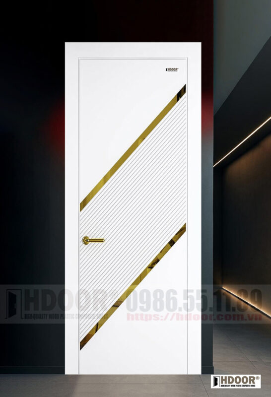 Cửa nhựa composite hiện đại trắng nẹp vàng điểm nhấn ấn tượng